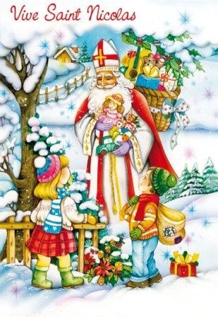 Belle image de Saint Nicolas avec enfants et cadeaux