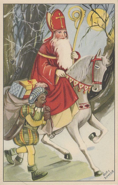 Carte de saint nicolas à cheval et de pere fouettard