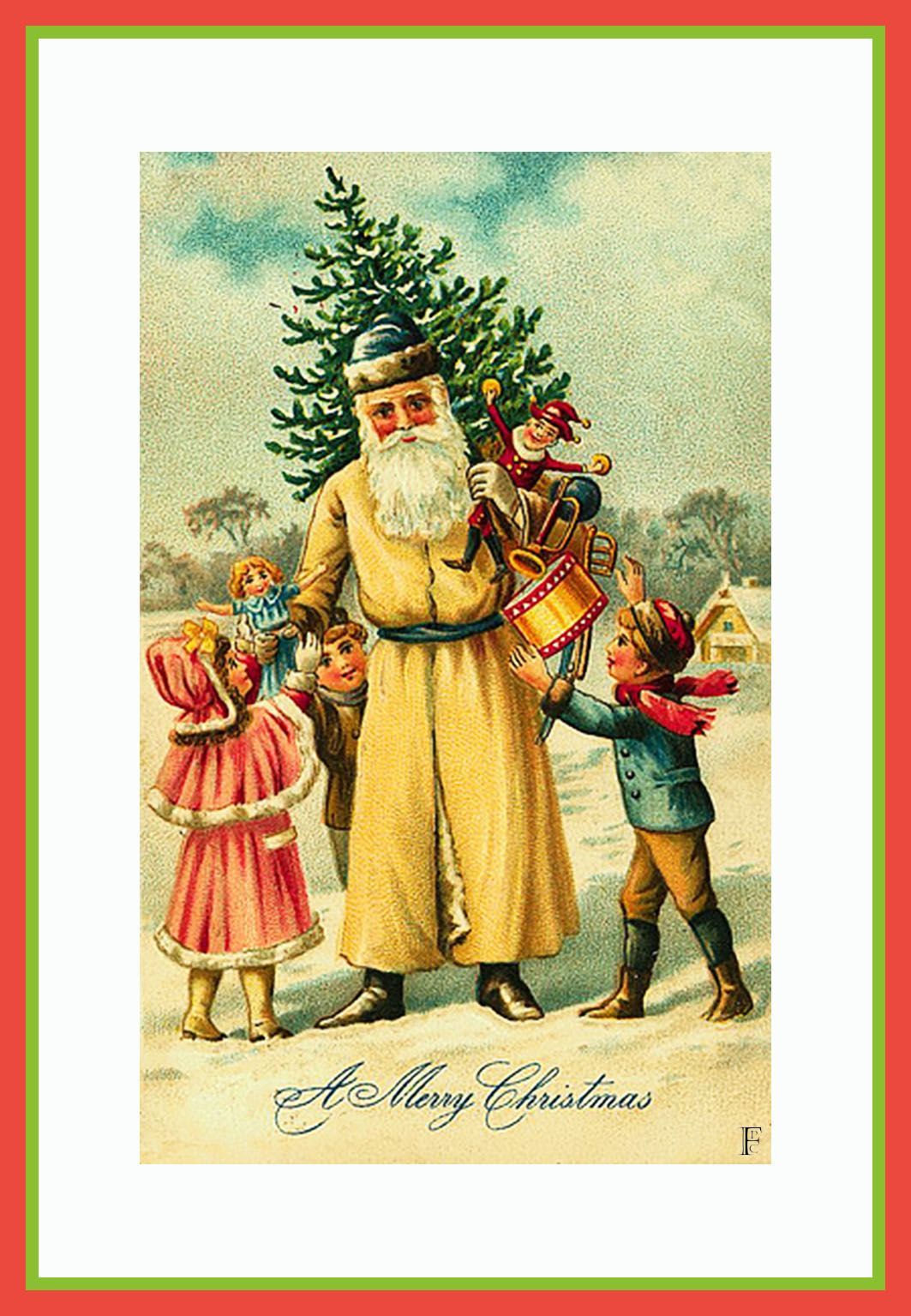 belle carte ancienne pere noel avec enfants et sapin