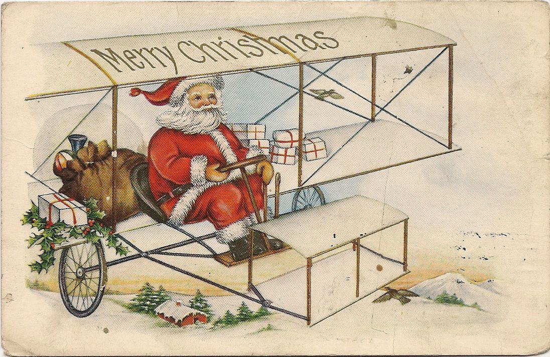 Vieille carte du père noel, pere noel en avion